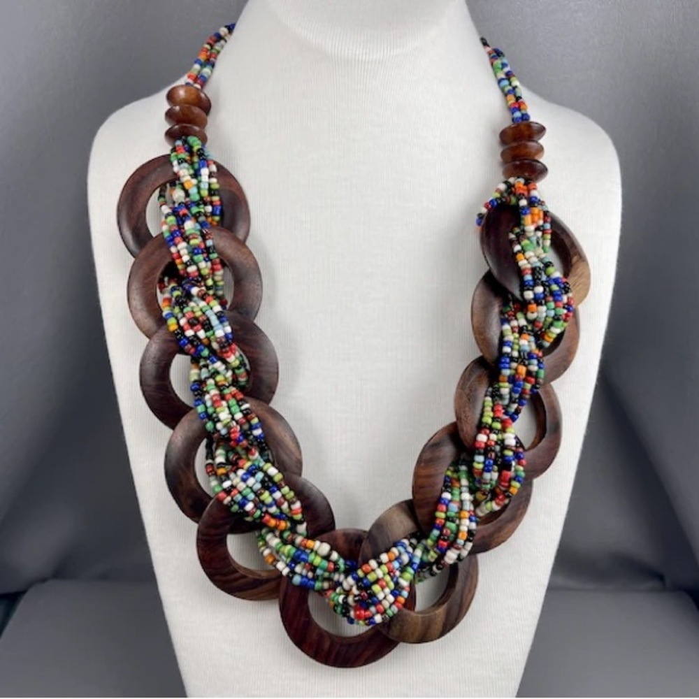 Chunky Vintage 1980s wood Ring and glass seed bead necklace